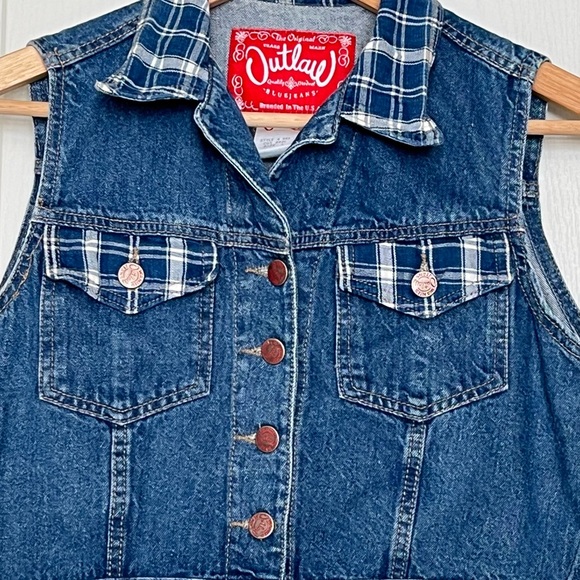 Vintage Outlaw Cropped Denim Vest w/ Plaid Trim, L 90s Grunge Western Aesthetic - Picture 2 of 14